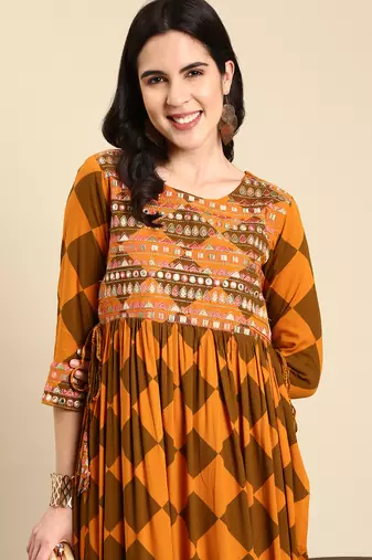 women's calf length scoop neck rust geometric anarkali kurta