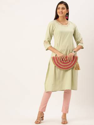 women's calf length round neck green solid straight kurta 5