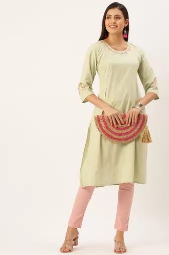 women's calf length round neck green solid straight kurta