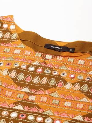 women's calf length scoop neck rust geometric anarkali kurta 3
