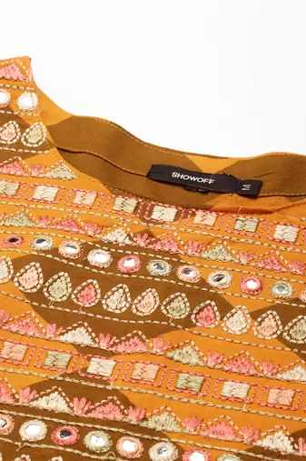women's calf length scoop neck rust geometric anarkali kurta