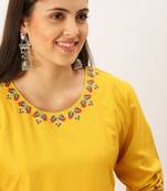 women's calf length round neck mustard solid straight kurta