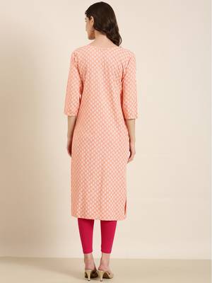 Showoff women's calf length tie-up neck peach ethnic motifs straight kurta 5