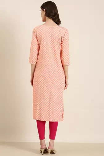 Showoff women's calf length tie-up neck peach ethnic motifs straight kurta