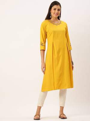 women's calf length round neck mustard solid straight kurta 2