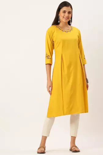 women's calf length round neck mustard solid straight kurta