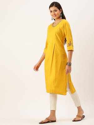 women's calf length round neck mustard solid straight kurta 3