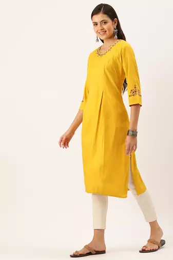 women's calf length round neck mustard solid straight kurta