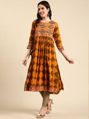 women's calf length scoop neck rust geometric anarkali kurta 5