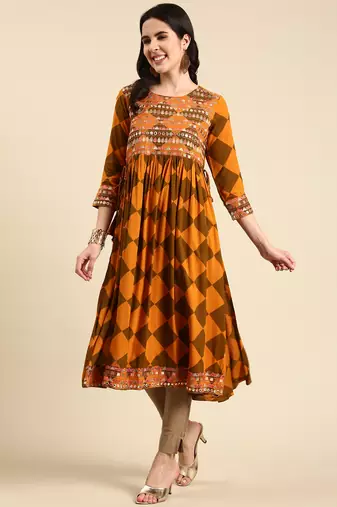 women's calf length scoop neck rust geometric anarkali kurta