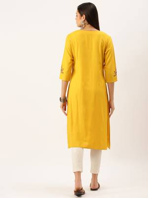women's calf length round neck mustard solid straight kurta 4