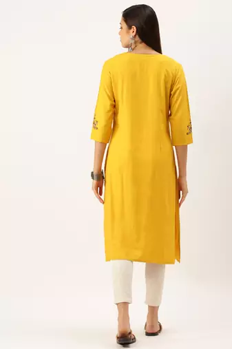 women's calf length round neck mustard solid straight kurta