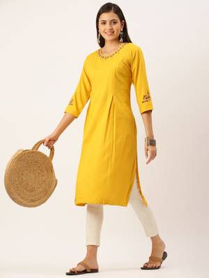 women's calf length round neck mustard solid straight kurta 5