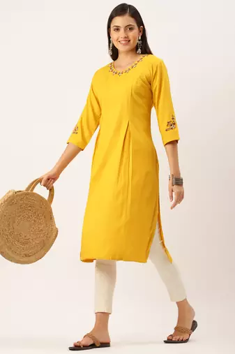 women's calf length round neck mustard solid straight kurta