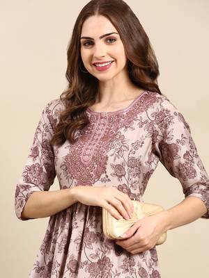 women's calf length scoop neck mauve floral anarkali kurta 1