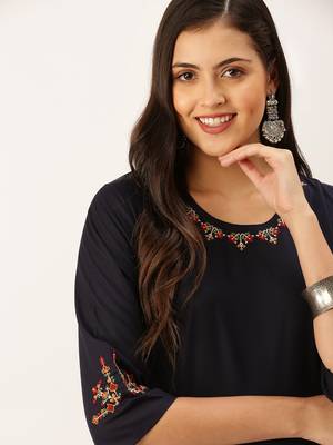 women's calf length round neck navy blue solid straight kurta 1