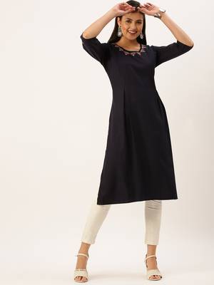 women's calf length round neck navy blue solid straight kurta 2