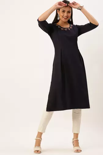 women's calf length round neck navy blue solid straight kurta
