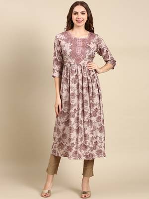 women's calf length scoop neck mauve floral anarkali kurta 2