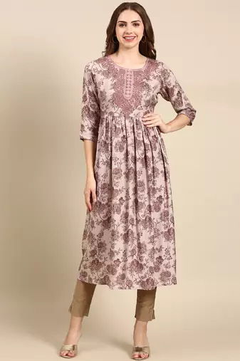 women's calf length scoop neck mauve floral anarkali kurta