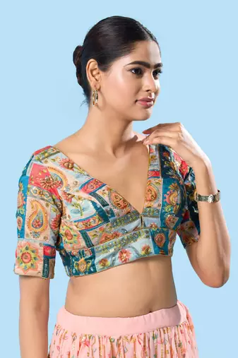 Padded Brocade V Neck Blouse