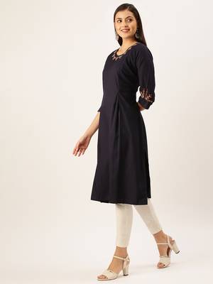 women's calf length round neck navy blue solid straight kurta 3