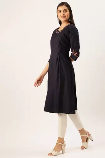 women's calf length round neck navy blue solid straight kurta