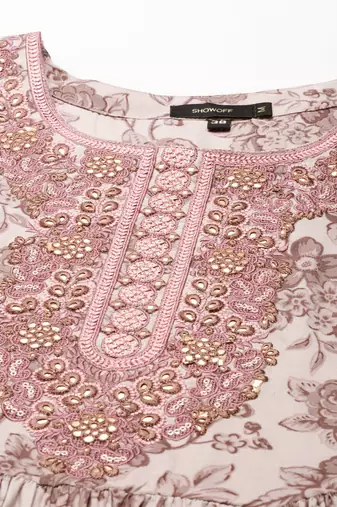 women's calf length scoop neck mauve floral anarkali kurta
