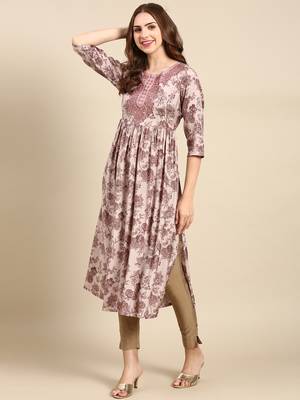 women's calf length scoop neck mauve floral anarkali kurta 4