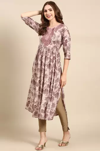 women's calf length scoop neck mauve floral anarkali kurta