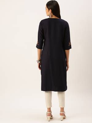 women's calf length round neck navy blue solid straight kurta 4