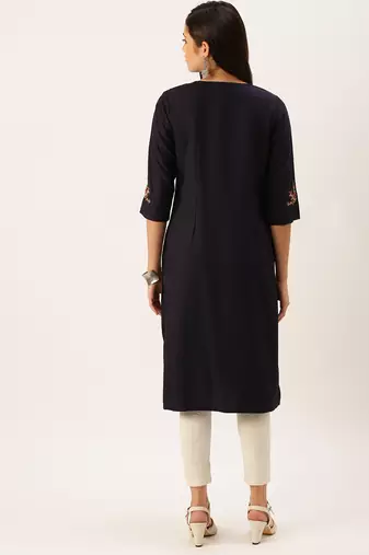 women's calf length round neck navy blue solid straight kurta