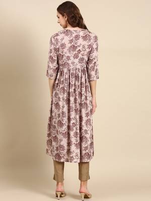 women's calf length scoop neck mauve floral anarkali kurta 5
