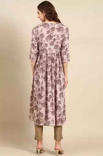 women's calf length scoop neck mauve floral anarkali kurta