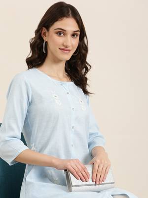 women's calf length round neck blue striped straight kurta 1