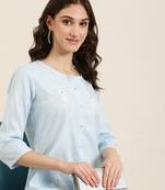 women's calf length round neck blue striped straight kurta