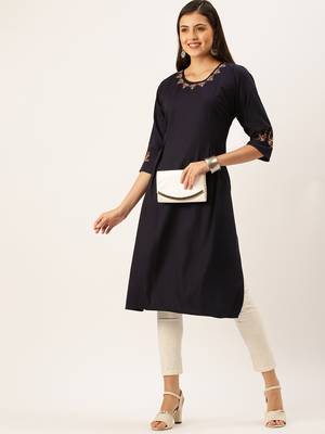 women's calf length round neck navy blue solid straight kurta 5