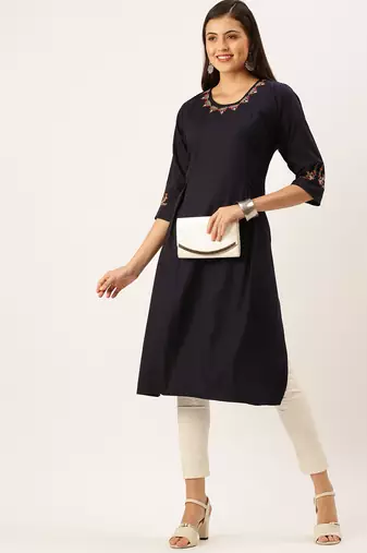 women's calf length round neck navy blue solid straight kurta