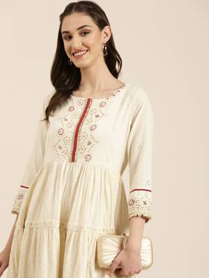 women's ankle length round neck cream woven design anarkali kurta 1