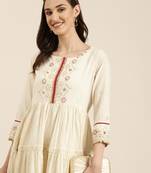 women's ankle length round neck cream woven design anarkali kurta