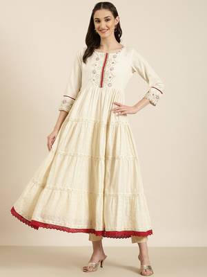 women's ankle length round neck cream woven design anarkali kurta 2