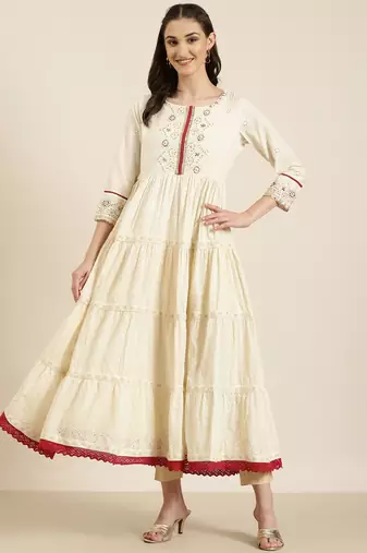 women's ankle length round neck cream woven design anarkali kurta