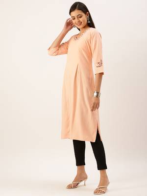 Showoff women's calf length round neck peach solid straight kurta 2