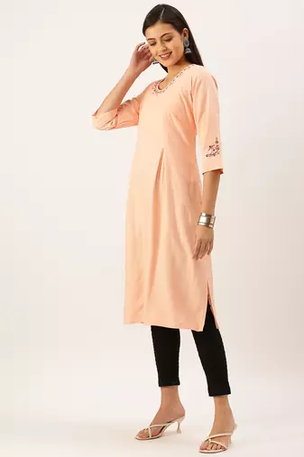 Showoff women's calf length round neck peach solid straight kurta