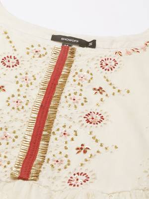 women's ankle length round neck cream woven design anarkali kurta 3
