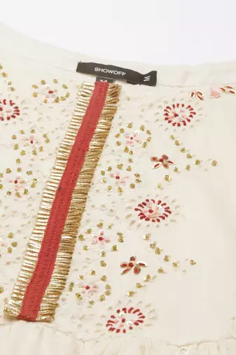 women's ankle length round neck cream woven design anarkali kurta
