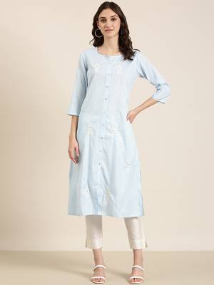 women's calf length round neck blue striped straight kurta 2