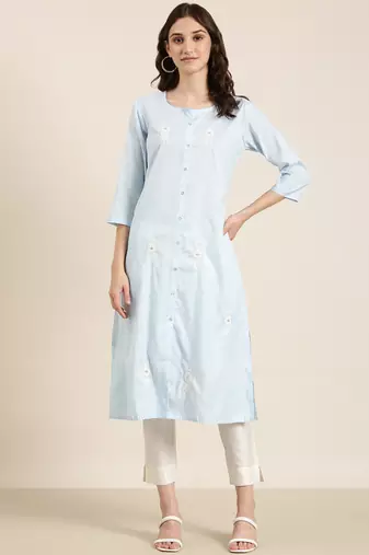 women's calf length round neck blue striped straight kurta