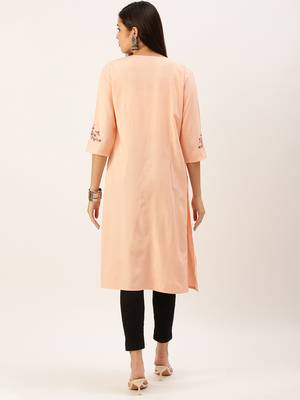 Showoff women's calf length round neck peach solid straight kurta 3