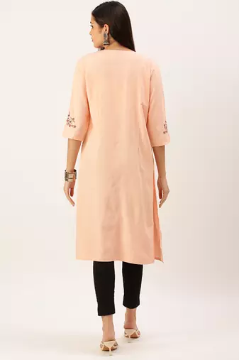 Showoff women's calf length round neck peach solid straight kurta